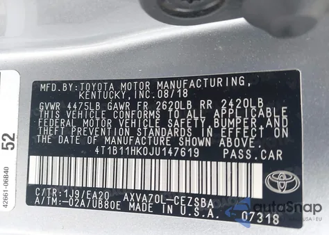 2018 Toyota Camry Se from USA, damaged, VIN 4T1B11HK0JU147619